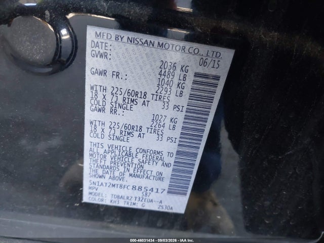 46031434 :رقم المزاد ، 5N1AT2MT8FC885417 vin ، 2015 Nissan Rogue Sl مزاد بيع