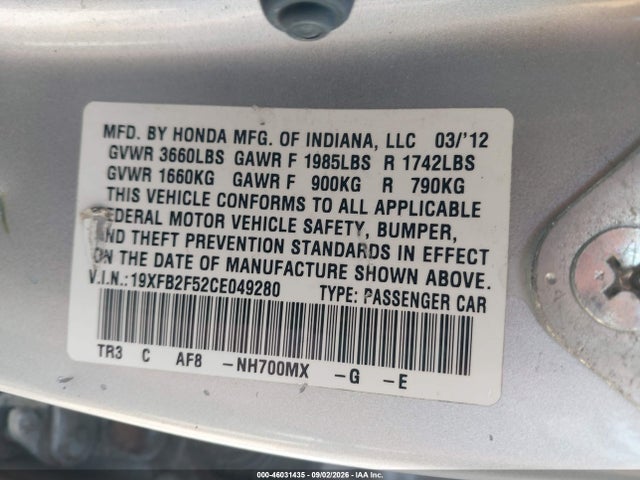 2012 Honda Civic Lx მანქანა იყიდება აუქციონზე, vin: 19XFB2F52CE049280, აუქციონის ნომერი: 46031435