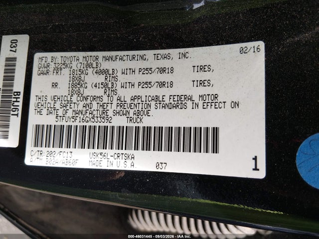 46031445 :رقم المزاد ، 5TFUY5F16GX533592 vin ، 2016 Toyota Tundra Sr5 5.7l V8 مزاد بيع