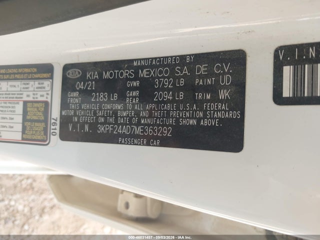 Aukcja sprzedaży 2021 Kia Forte Lxs, vin: 3KPF24AD7ME363292, numer aukcji: 46031457