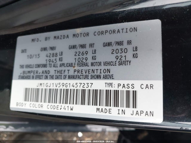 46031459 :رقم المزاد ، JM1GJ1V59G1457237 vin ، 2016 Mazda Mazda6 I Touring مزاد بيع