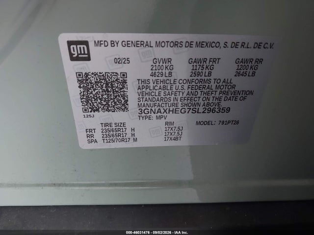2025 Chevrolet Equinox Fwd Lt მანქანა იყიდება აუქციონზე, vin: 3GNAXHEG7SL296359, აუქციონის ნომერი: 46031476