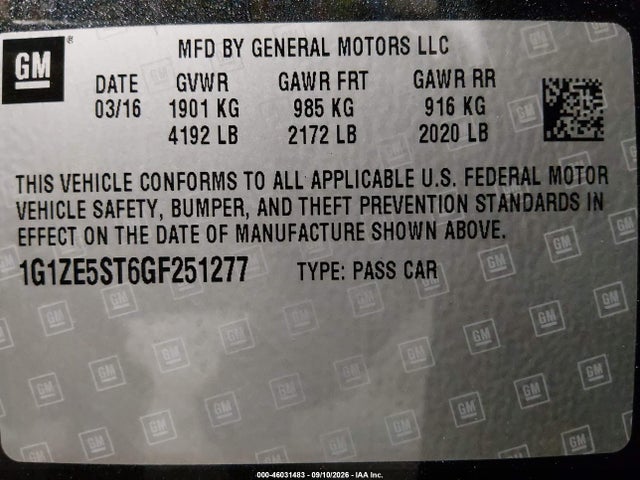 Продажа на аукционе авто 2016 Chevrolet Malibu 1lt, vin: 1G1ZE5ST6GF251277, номер лота: 46031483