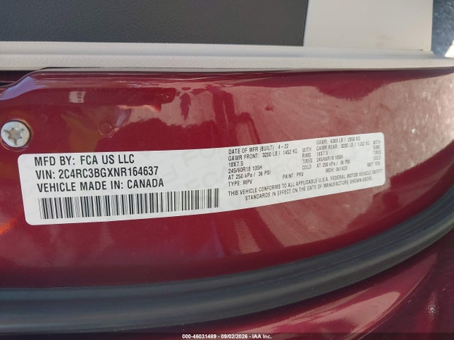 46031489 :رقم المزاد ، 2C4RC3BGXNR164637 vin ، 2022 Chrysler Pacifica Touring L Awd مزاد بيع