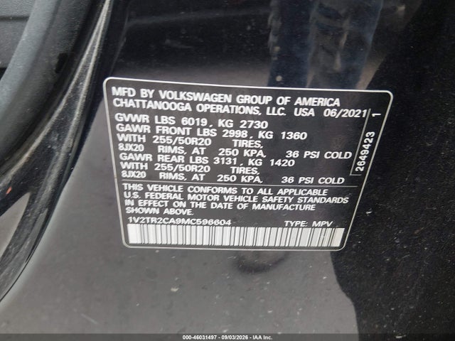 Продаж на аукціоні авто 2021 Volkswagen Atlas 3.6l V6 Sel Premium, vin: 1V2TR2CA9MC596604, номер лоту: 46031497