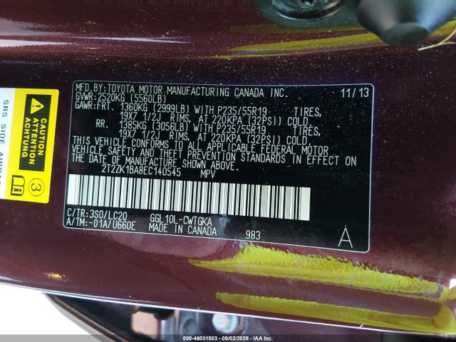 Auction sale of the 2014 Lexus Rx 350, vin: 2T2ZK1BA8EC140545, lot number: 46031503