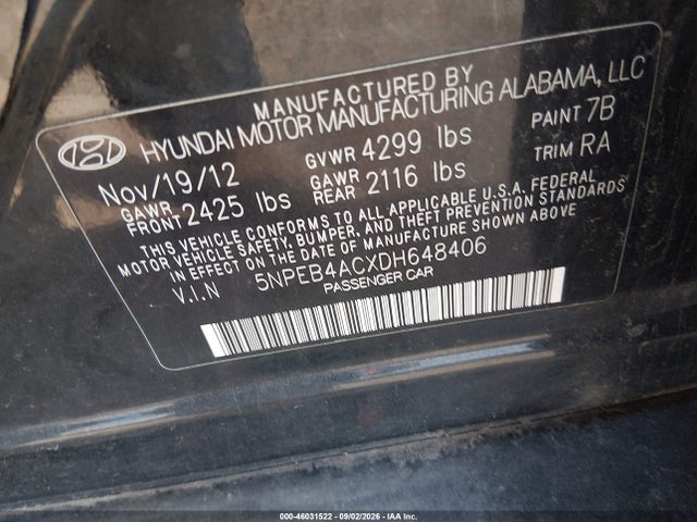 Продажа на аукционе авто 2013 Hyundai Sonata Gls, vin: 5NPEB4ACXDH648406, номер лота: 46031522