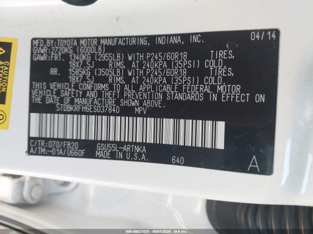 Aukcja sprzedaży 2014 Toyota Highlander Le V6, vin: 5TDBKRFH6ES037840, numer aukcji: 46031525