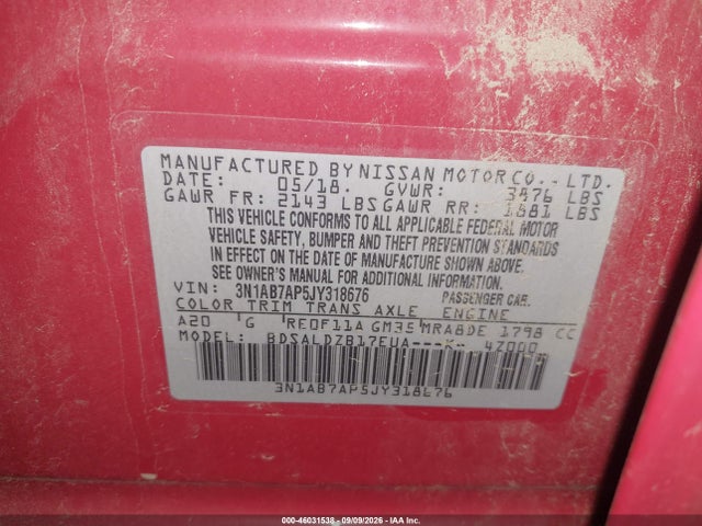 Aukcja sprzedaży 2018 Nissan Sentra Sv, vin: 3N1AB7AP5JY318676, numer aukcji: 46031538