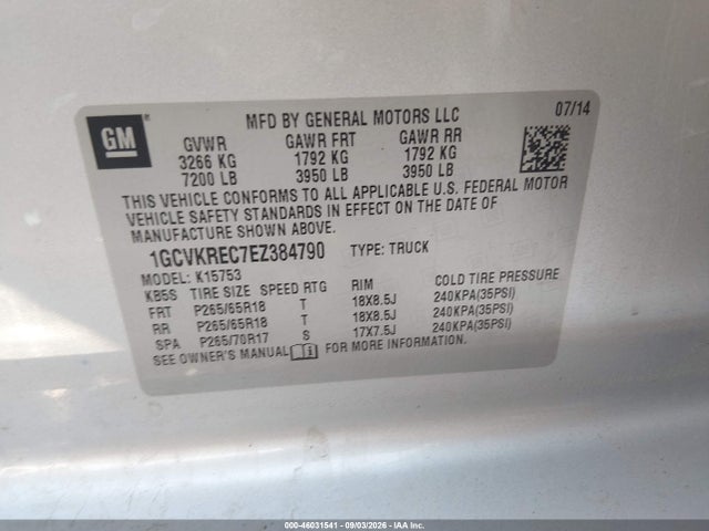 Aukcja sprzedaży 2014 Chevrolet Silverado 1500 Lt, vin: 1GCVKREC7EZ384790, numer aukcji: 46031541
