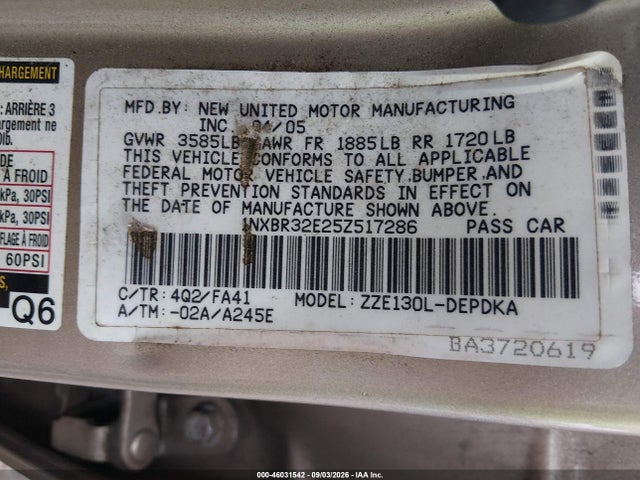 46031542 :رقم المزاد ، 1NXBR32E25Z517286 vin ، 2005 Toyota Corolla Ce مزاد بيع