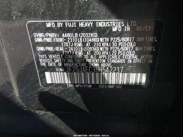 Aukcja sprzedaży 2017 Subaru Forester 2.5i Premium, vin: JF2SJAEC3HH542237, numer aukcji: 46031546