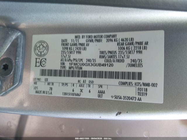 Продаж на аукціоні авто 2016 Ford Escape Se, vin: 1FMCU0GX3GUB49120, номер лоту: 46031555