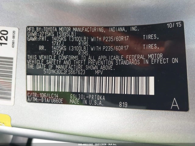Продаж на аукціоні авто 2015 Toyota Sienna Xle Premium 8 Passenger, vin: 5TDYK3DC3FS667623, номер лоту: 46031565
