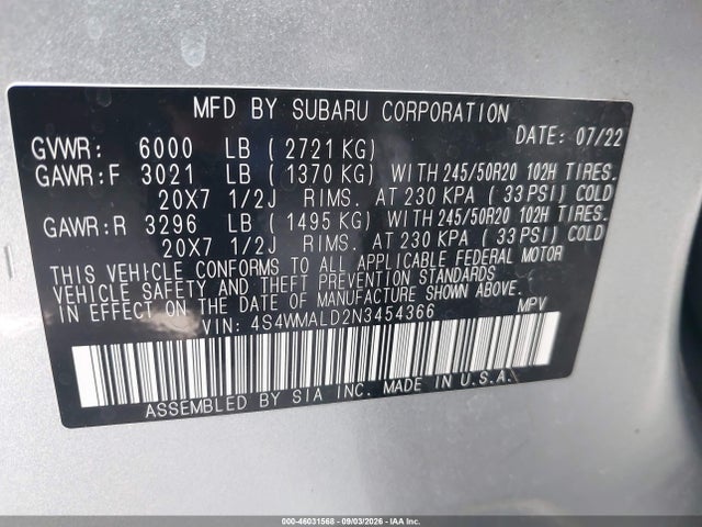 Subaru Ascent Limited 2022 4S4WMALD2N3454366 Image 9