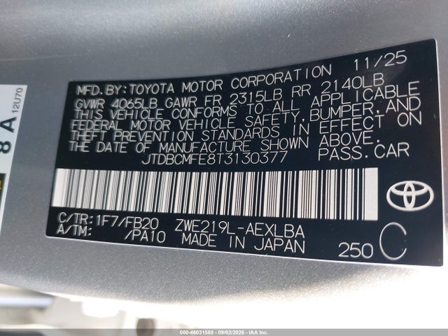 2026 Toyota Corolla Hybrid Hybrid Le მანქანა იყიდება აუქციონზე, vin: JTDBCMFE8T3130377, აუქციონის ნომერი: 46031580