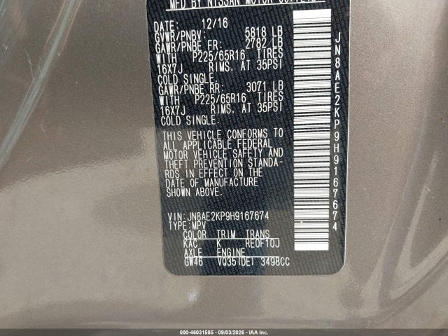 Продажа на аукционе авто 2017 Nissan Quest Sv, vin: JN8AE2KP9H9167674, номер лота: 46031585