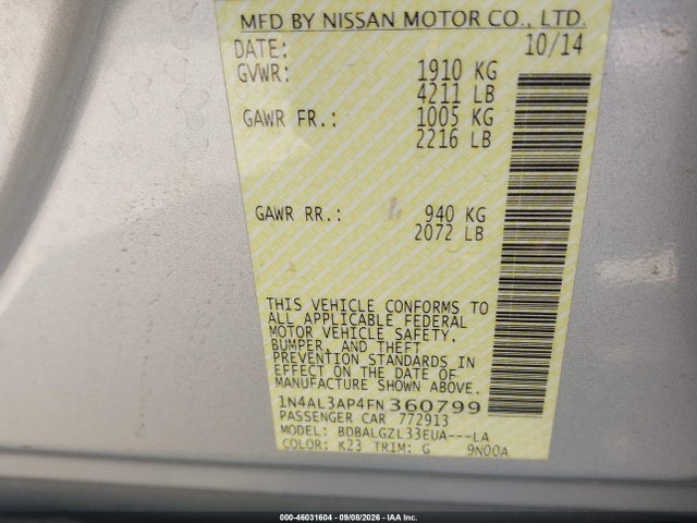 Продаж на аукціоні авто 2015 Nissan Altima 2.5 S, vin: 1N4AL3AP4FN360799, номер лоту: 46031604