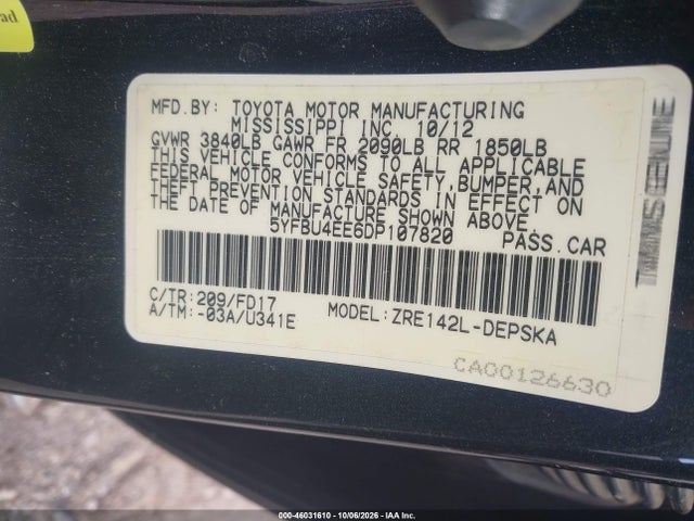 Aukcja sprzedaży 2013 Toyota Corolla S, vin: 5YFBU4EE6DP107820, numer aukcji: 46031610