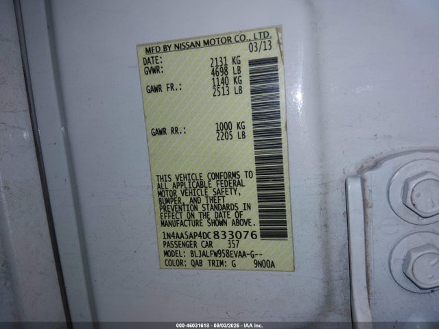 2013 Nissan Maxima 3.5 Sv მანქანა იყიდება აუქციონზე, vin: 1N4AA5AP4DC833076, აუქციონის ნომერი: 46031618