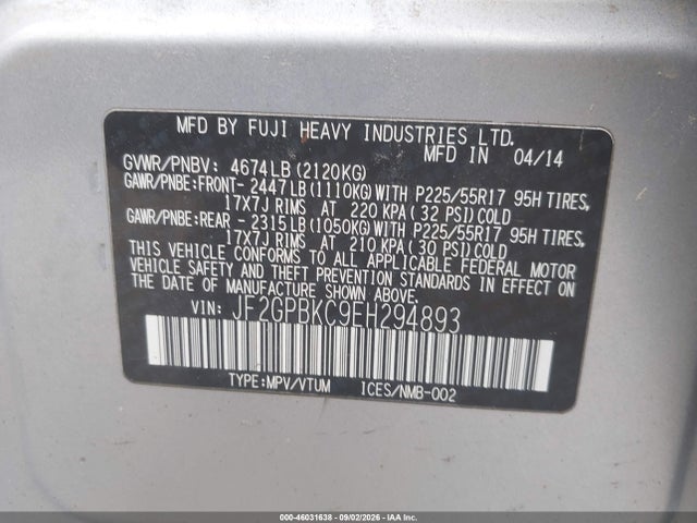 Aukcja sprzedaży 2014 Subaru Xv Crosstrek Hybrid 2.0i Touring, vin: JF2GPBKC9EH294893, numer aukcji: 46031638