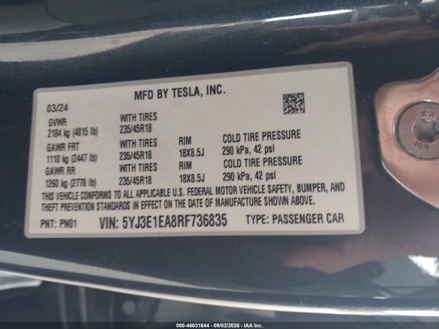 Продаж на аукціоні авто 2024 Tesla Model 3 Long Range Dual Motor All-wheel Drive/rear-wheel Drive, vin: 5YJ3E1EA8RF736835, номер лоту: 46031644