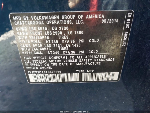 Продаж на аукціоні авто 2019 Volkswagen Atlas 3.6l V6 Se W/technology, vin: 1V2UR2CA3KC576320, номер лоту: 46031647