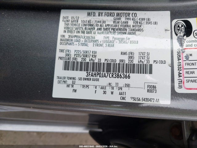 Aukcja sprzedaży 2012 Ford Fusion Sel, vin: 3FAHP0JA7CR386366, numer aukcji: 46031648