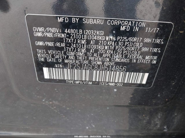 46031650 :رقم المزاد ، JF2SJAGC8JH514856 vin ، 2018 Subaru Forester 2.5i Premium مزاد بيع