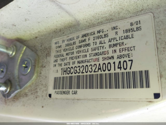 46031666 :رقم المزاد ، 1HGCG32032A001407 vin ، 2002 Honda Accord 2.3 Se مزاد بيع