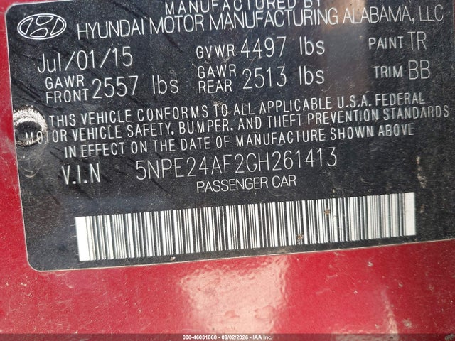 2016 Hyundai Sonata Se მანქანა იყიდება აუქციონზე, vin: 5NPE24AF2GH261413, აუქციონის ნომერი: 46031668