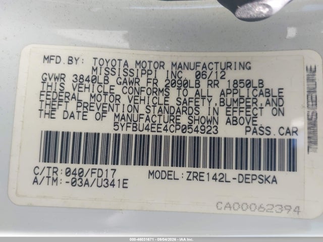 Продаж на аукціоні авто 2012 Toyota Corolla S, vin: 5YFBU4EE4CP054923, номер лоту: 46031671