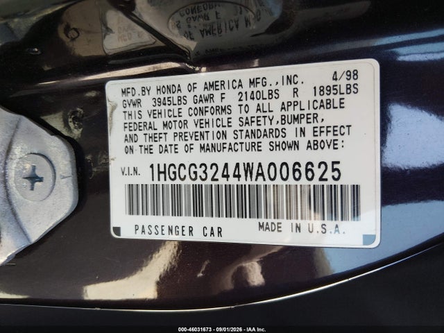 Продаж на аукціоні авто 1998 Honda Accord Lx, vin: 1HGCG3244WA006625, номер лоту: 46031673