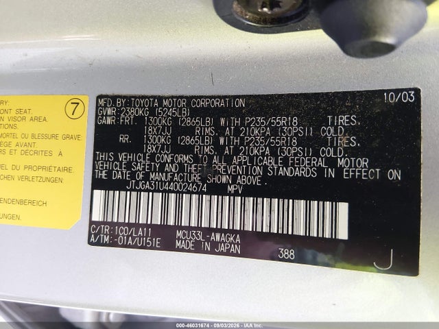 Aukcja sprzedaży 2004 Lexus Rx 330, vin: JTJGA31U440024674, numer aukcji: 46031674