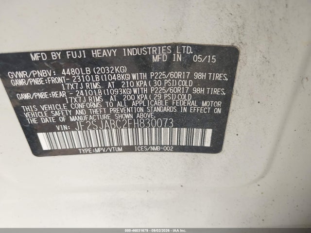 46031679 :رقم المزاد ، JF2SJABC2FH830073 vin ، 2015 Subaru Forester 2.5i مزاد بيع