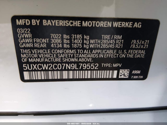 Продажа на аукционе авто 2022 Bmw X7 Xdrive40i, vin: 5UXCW2C07N9L79552, номер лота: 46031681