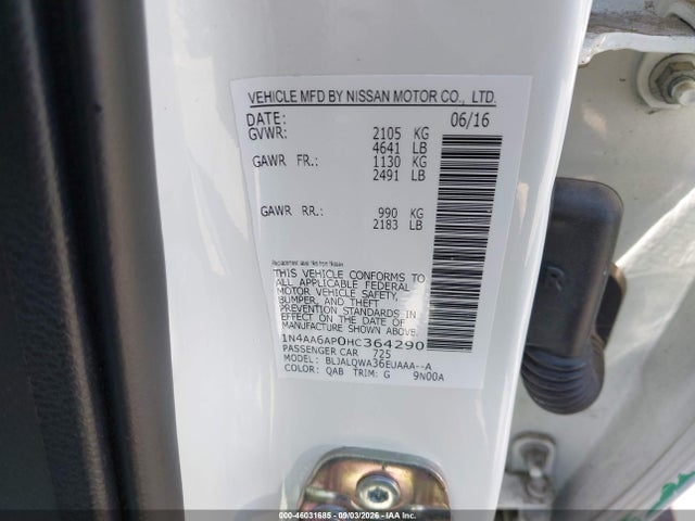 2017 Nissan Maxima 3.5 S მანქანა იყიდება აუქციონზე, vin: 1N4AA6AP0HC364290, აუქციონის ნომერი: 46031685
