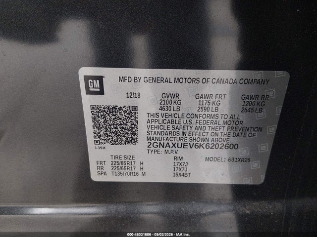 Aukcja sprzedaży 2019 Chevrolet Equinox Lt, vin: 2GNAXUEV6K6202600, numer aukcji: 46031686