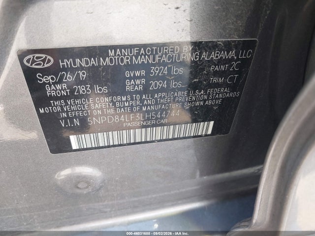 46031688 :رقم المزاد ، 5NPD84LF3LH544744 vin ، 2020 Hyundai Elantra Sel مزاد بيع