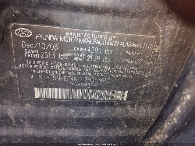 2009 Hyundai Sonata Gls მანქანა იყიდება აუქციონზე, vin: 5NPET46C49H553613, აუქციონის ნომერი: 46031692