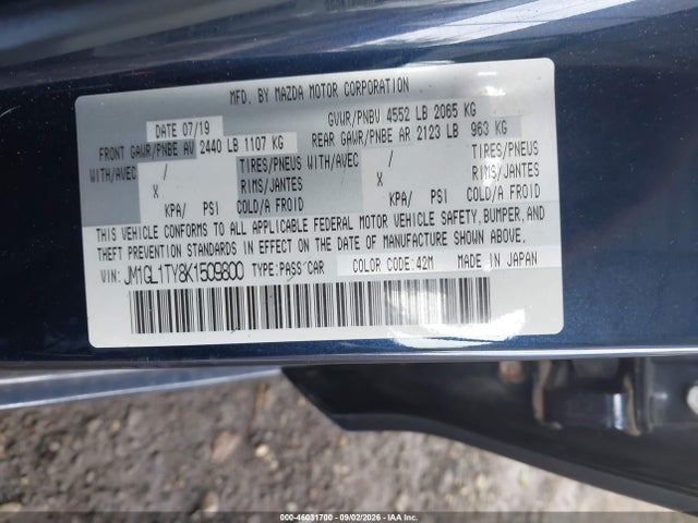 2019 Mazda Mazda6 Grand Touring მანქანა იყიდება აუქციონზე, vin: JM1GL1TY8K1509800, აუქციონის ნომერი: 46031700
