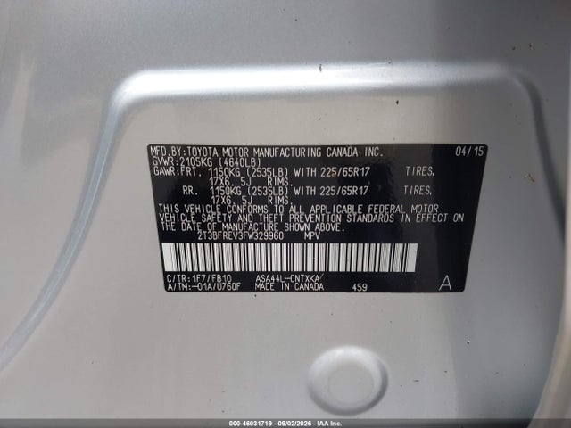 2015 Toyota Rav4 Le მანქანა იყიდება აუქციონზე, vin: 2T3BFREV3FW329960, აუქციონის ნომერი: 46031719