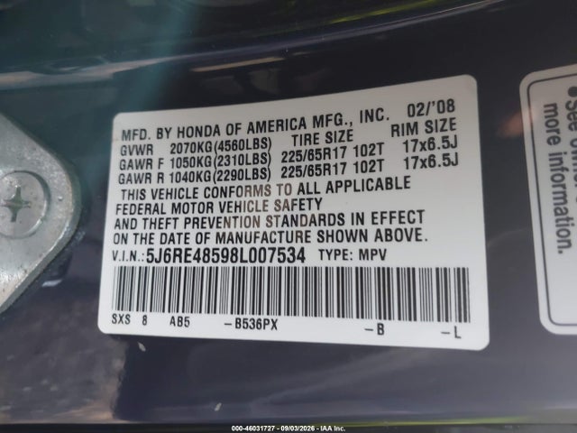 Продажа на аукционе авто 2008 Honda Cr-v Ex, vin: 5J6RE48598L007534, номер лота: 46031727