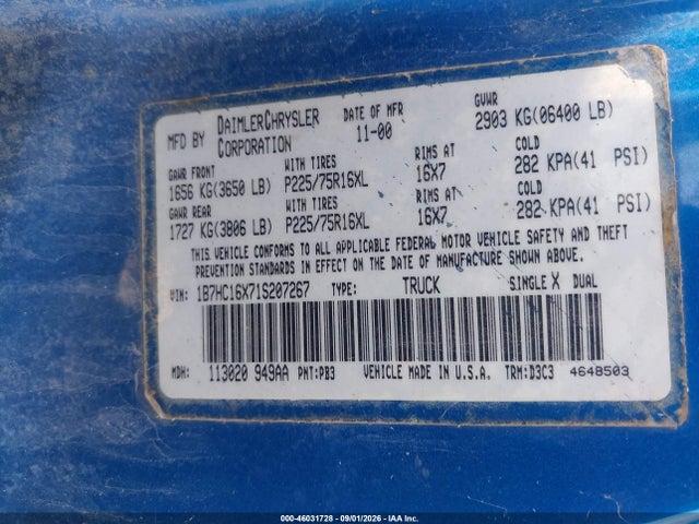 46031728 :رقم المزاد ، 1B7HC16X71S207267 vin ، 2001 Dodge Ram 1500 St/ws مزاد بيع