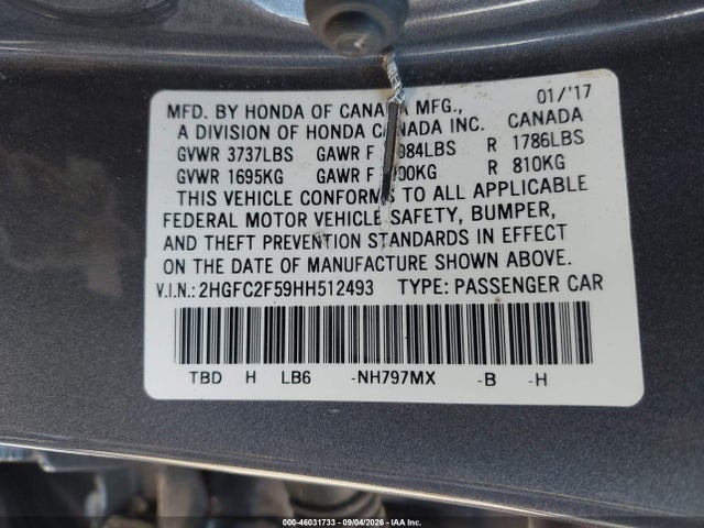 Honda Civic Lx 2017 2HGFC2F59HH512493 Image 9