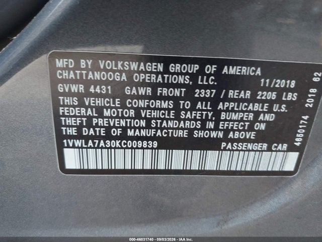Aukcja sprzedaży 2019 Volkswagen Passat 2.0t Wolfsburg Edition, vin: 1VWLA7A30KC009839, numer aukcji: 46031740