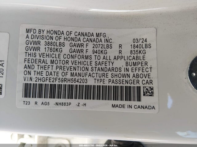 2HGFE2F59RH564203 Honda Civic Sport