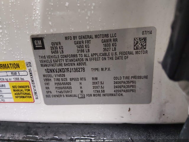 46031775 :رقم المزاد ، 1GNKVJKD7FJ136278 vin ، 2015 Chevrolet Traverse Ltz مزاد بيع