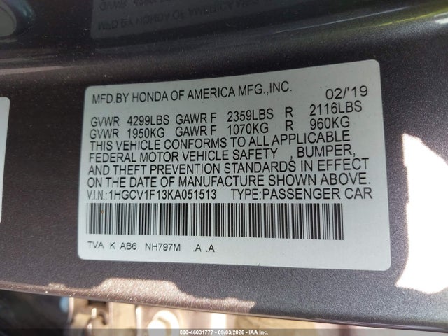 Продаж на аукціоні авто 2019 Honda Accord Lx, vin: 1HGCV1F13KA051513, номер лоту: 46031777