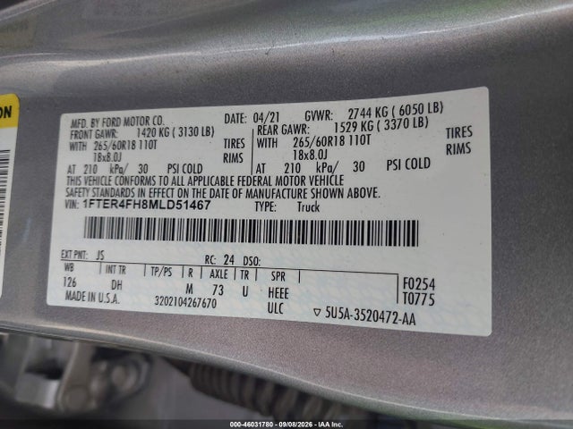 Auction sale of the 2021 Ford Ranger Lariat, vin: 1FTER4FH8MLD51467, lot number: 46031780